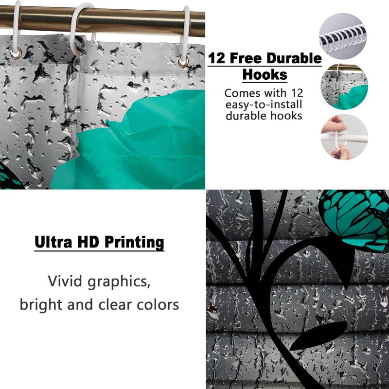 Poedist 4 Pcs Bathroom Set Green Rose Shower Curtain Sets  Romantic Shower Curtain Sets with Rugs(Bath Mat U Shape and Toilet Lid Cover Mat) and 12 Hooks - Image 3